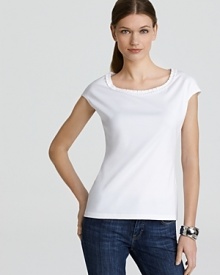 Pleated detail lends unexpected texture to this Lafayette 148 New York white tee. Pair the style essential with denim shorts for classic Americana. Pleated detail lends unexpected texture to this Lafayette 148 New York white tee. Pair the style essential with denim shorts for classic Americana.