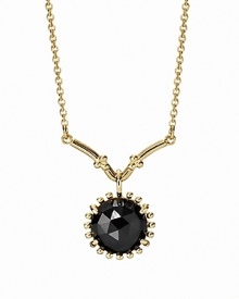 A faceted melanite stone in a beaded setting dangles delicately from a 14K gold chain. Necklace by PANDORA. A faceted melanite stone in a beaded setting dangles delicately from a 14K gold chain. Necklace by PANDORA.