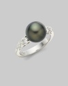 A smooth Black South Sea pearl is showcased on a 18K white gold band with diamond accents.9mm Black South Sea cultured pearl Diamond, 0.47 tcw 18K white gold Imported Additional Information Women's Ring Size Guide 