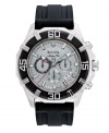 Take sport style to the next level with Bulova's Marine Star watch. Black polyurethane strap and round stainless steel case. Black bezel with white numerals. Textured gray chronograph dial features applied luminous silver tone stick indices, tachymeter scale, date window, three subidal, luminous hands and logo. Quartz movement. Water resistant to 100 meters. Three-year limited warranty.