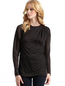 THE LOOKLong sleevesButtoned cuff at right sleeveDraped detailButton closure at neckV backTHE FITAbout 25½ from shoulder to hemTHE MATERIALPolyesterCARE & ORIGINDry cleanMade in USAModel shown is 5'10 (177cm) wearing US size 4. THE LOOKLong sleevesButtoned cuff at right sleeveDraped detailButton closure at neckV backTHE FITAbout 25½ from shoulder to hemTHE MATERIALPolyesterCARE & ORIGINDry cleanMade in USAModel shown is 5'10 (177cm) wearing US size 4.