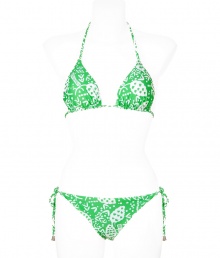 Chic bikini in fine, light green nylon stretch - Classic triangle style in elegant, graphic grape vine print - Tie fastenings at halter neck, back and hips - Modest coverage at rear, briefs sit comfortably at hips - Sophisticated and sexy, fits true to size - A must for your next beach getaway