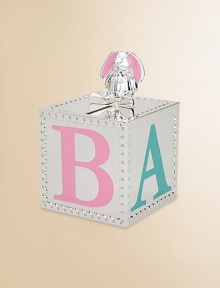 From the Gingham Bunny Collection. Delicately crafted in silverplate with sweet bunny resting on top of a colorful block bank.Scalloped detailsB-A-B-Y in soft enameled colors4.5 HElegantly packaged for gift-givingImported From the Gingham Bunny Collection. Delicately crafted in silverplate with sweet bunny resting on top of a colorful block bank.Scalloped detailsB-A-B-Y in soft enameled colors4.5 HElegantly packaged for gift-givingImported