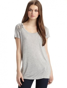 The classic pocket tee gets a glamorous update with a chiffon inset on one shoulder, embellished with chunky beads and chains.Scoopneck Single embellished shoulder Pullover style Short sleeves Chest welt pocket About 26¾ from shoulder to hem Rayon; hand wash Imported The classic pocket tee gets a glamorous update with a chiffon inset on one shoulder, embellished with chunky beads and chains.Scoopneck Single embellished shoulder Pullover style Short sleeves Chest welt pocket About 26¾ from shoulder to hem Rayon; hand wash Imported