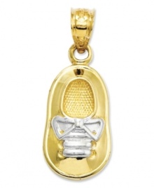 Commemorate your brand new bouncing baby boy. This precious charm features a baby shoe in 14k gold with rhodium laces. Chain not included. Approximate length: 1 inch. Approximate width: 2/5 inch. Commemorate your brand new bouncing baby boy. This precious charm features a baby shoe in 14k gold with rhodium laces. Chain not included. Approximate length: 1 inch. Approximate width: 2/5 inch.