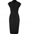 Figure-flattering and undeniably elegant, this artfully draped black dress from Michael Kors makes an enviable statement - Fitted, feminine cut contours curves - Cap sleeves and draped cowl neck  - Slimming, decorative gathered knot detail at waist - Pencil-style skirt hits at knee - Zips at back - Seamlessly transitions from work to cocktails, dinner, openings and parties - Pair with a clutch and platform pumps or sandals
