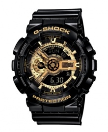 In-your-face style. There's no denying this bold watch by G-Shock. Black resin strap and round case. Gold logo embossed at bezel. Multi-layered black and gold tone analog-digital display dial features shock resistance, magnetic resistance, auto LED, flash alert, world time, four daily alarms & one snooze, stopwatch, speed indicator, countdown timer, mute function and 12/24-hour formats. Quartz movement. Water resistant to 200 meters. One-year limited warranty. In-your-face style. There's no denying this bold watch by G-Shock. Black resin strap and round case. Gold logo embossed at bezel. Multi-layered black and gold tone analog-digital display dial features shock resistance, magnetic resistance, auto LED, flash alert, world time, four daily alarms & one snooze, stopwatch, speed indicator, countdown timer, mute function and 12/24-hour formats. Quartz movement. Water resistant to 200 meters. One-year limited warranty.