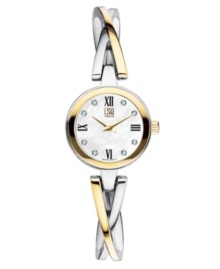 A twist of fashion with added sparkle, by ESQ by Movado. Goldtone & silvertone stainless steel bracelet and round case. Goldtone bezel. White mother of pearl dial with logo, roman numerals and diamond accents at indices. Quartz movement. Water resistant to 30 meters. Two-year limited warranty. A twist of fashion with added sparkle, by ESQ by Movado. Goldtone & silvertone stainless steel bracelet and round case. Goldtone bezel. White mother of pearl dial with logo, roman numerals and diamond accents at indices. Quartz movement. Water resistant to 30 meters. Two-year limited warranty.