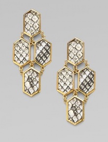 A graphic geometric design with bold python skin inlays.Python 14K goldplated Length, about 2¾ Width, about 1¼ Post backs Made in USA Please note: Pattern may vary. Additional InformationThis item cannot be shipped to the following state(s): California . A graphic geometric design with bold python skin inlays.Python 14K goldplated Length, about 2¾ Width, about 1¼ Post backs Made in USA Please note: Pattern may vary. Additional InformationThis item cannot be shipped to the following state(s): California .
