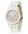 Crisp design with lasting style. This Michael Kors watch features a white polyurethane and goldtone mixed metal bracelet and round case. White chronograph dial with goldtone stick indices & numerals, logo, date window and three subdials. Quartz movement. Water resistant to 100 meters. Two-year limited warranty.