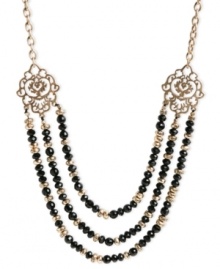 Good things come in threes as seen by this necklace from Lucky Brand. Crafted from gold-tone mixed metal, the collar features three rows of semi-precious onyx stones and glistening glass accents. Approximate length: 20 inches + 2-inch extender. Approximate drop: 1-3/4 inches. Good things come in threes as seen by this necklace from Lucky Brand. Crafted from gold-tone mixed metal, the collar features three rows of semi-precious onyx stones and glistening glass accents. Approximate length: 20 inches + 2-inch extender. Approximate drop: 1-3/4 inches.