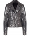 With a subtle sparkle, this metallic leather biker jacket from Faith Connexion ups the style quotient with edgy-cool appeal - Large spread collar, long sleeves with zip cuffs, epaulets, asymmetric front zip closure, zip pockets, stitching details at shoulders and elbows - Fitted silhouette - Wear with a high-low hem blouse, skinny jeans, and high heel booties