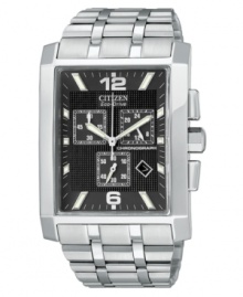 Refined style and everyday functionality come together in this bold watch from Citizen. Silvertone stainless steel bracelet and rectangular case. Rectangular black dial with three subdials, date window and numeral indices. Analog movement. Water resistant to 50 meters. Five-year limited warranty.