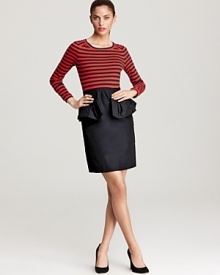 Made a move toward the directional in the horizontally striped bodice of this MARC BY MARC JACOBS dress with a straight skirt flaunting lush ruffles at the hips for a dramatic flourish. Made a move toward the directional in the horizontally striped bodice of this MARC BY MARC JACOBS dress with a straight skirt flaunting lush ruffles at the hips for a dramatic flourish.