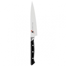 Elegant Japanese design meets superlative durability in these Morimoto-designed knives. Offering the ultimate in beautiful, reliable and practical cutlery, the Iron Chef's Miyabi collection uniquely combines a sharp, flexible, corrosion resistant blade with a western-style handle. This utility knife is ideal for tomatoes,croissants and other small foods with hard crust or skin. Elegant Japanese design meets superlative durability in these Morimoto-designed knives. Offering the ultimate in beautiful, reliable and practical cutlery, the Iron Chef's Miyabi collection uniquely combines a sharp, flexible, corrosion resistant blade with a western-style handle. This utility knife is ideal for tomatoes,croissants and other small foods with hard crust or skin.