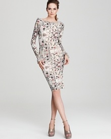A light abstract-print knit shapes this lovely Zac Posen dress, trimmed in frothy chiffon for an ethereal touch. A light abstract-print knit shapes this lovely Zac Posen dress, trimmed in frothy chiffon for an ethereal touch.