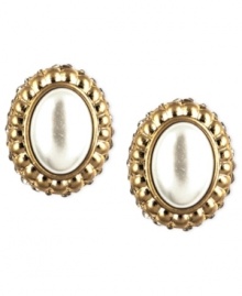 Fabulously framed, the glass pearls on these Jones New York button earrings are surrounded by shimmering accents. Crafted in worn gold tone mixed metal. Approximate diameter: 3/4 inch. Fabulously framed, the glass pearls on these Jones New York button earrings are surrounded by shimmering accents. Crafted in worn gold tone mixed metal. Approximate diameter: 3/4 inch.