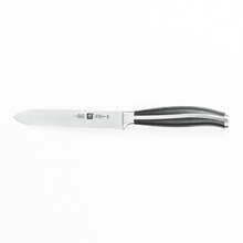 The Twin Cuisine series of knives from Henckels features premium high-carbon stainless steel forged blades with improved cutting edge retention and corrosion resistance. The handles are a creation of new technology - a rivetless, molded handle design with a full tang, no gaps, smooth shape and grip. The Henckels Twin emblem is branded in stainless on the end of the handle. The Twin Cuisine series of knives from Henckels features premium high-carbon stainless steel forged blades with improved cutting edge retention and corrosion resistance. The handles are a creation of new technology - a rivetless, molded handle design with a full tang, no gaps, smooth shape and grip. The Henckels Twin emblem is branded in stainless on the end of the handle.