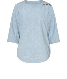 Luxury denim top in fine, vintage blue cotton is simple with understated style - Features rounded seam edges, square neckline, and wide sleeves with trendy 3/4-length - Three rivets at shoulder and back add interest - Pair with shorts, white denim capris, or a pencil skirt - Style with a designer belt, leggings and booties for a downtown look Luxury denim top in fine, vintage blue cotton is simple with understated style - Features rounded seam edges, square neckline, and wide sleeves with trendy 3/4-length - Three rivets at shoulder and back add interest - Pair with shorts, white denim capris, or a pencil skirt - Style with a designer belt, leggings and booties for a downtown look