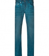 Stylishly distressed, these bold-hued jeans from True Religion inject trend-right cool into your casual look - Five-pocket styling, whiskering, distinctive logo back pockets - Slim fit, straight leg - Wear with a graphic tee, a leather jacket, and boots
