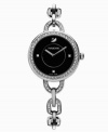 Playful sophistication, by Swarovski. Personalize this elegant Alia watch by adding your favorite charm or two at the case. Stainless steel bracelet and round case crystallized with Swarovski elements. Black sunray dial features Swarovski elements at three, six and nine o'clock, silver tone logo at twelve o'clock and two hands. Swiss quartz movement. Water resistant to 30 meters. Two-year limited warranty.