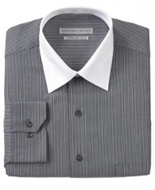 Enter the stripe zone with the classic contrast of this linear look from Geoffrey Beene. Enter the stripe zone with the classic contrast of this linear look from Geoffrey Beene.