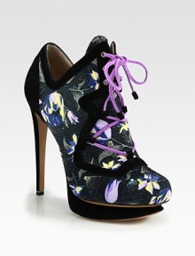 A floral print and bright laces freshen this on-trend ankle boot in canvas with lush suede accents. Suede-covered heel, 5¼ (130mm)Suede-covered island platform, ¾ (20mm)Compares to a 4½ heel (115mm)Canvas and suede upperLeather lining and solePadded insoleMade in Italy