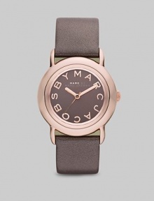 Smart and chic style with leather strap. Quartz movement Water resistant to 5 ATM Round ion-plated rose gold stainless steel case, 33mm (1.3) Gray mirror logo dial Second hand Metallic gray leather strap, 18mm wide (0.7) Imported Smart and chic style with leather strap. Quartz movement Water resistant to 5 ATM Round ion-plated rose gold stainless steel case, 33mm (1.3) Gray mirror logo dial Second hand Metallic gray leather strap, 18mm wide (0.7) Imported
