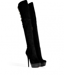 Inject high-octane glamour into your look with Rachel Zoes towering over-the-knee stretch suede boots, finished with modern hardware for that hard-edge, elegant feel - Rounded toe, hidden inside zip, metallic leather detailed buttoned back, black leather base, stacked leather platform and heel - Pair with statement cocktail dresses and shimmering metallic accessories Inject high-octane glamour into your look with Rachel Zoes towering over-the-knee stretch suede boots, finished with modern hardware for that hard-edge, elegant feel - Rounded toe, hidden inside zip, metallic leather detailed buttoned back, black leather base, stacked leather platform and heel - Pair with statement cocktail dresses and shimmering metallic accessories