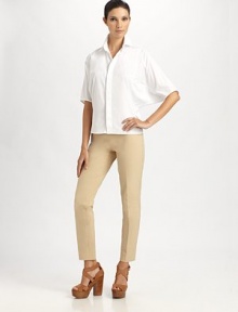 Crisp stretch cotton, in a chic, minimal style with a concealed button front placket.Shirt collarConcealed button frontWide elbow-length sleeves95% cotton/5% elastaneDry cleanImportedModel shown is 5'10 (177cm) wearing US size 4. Crisp stretch cotton, in a chic, minimal style with a concealed button front placket.Shirt collarConcealed button frontWide elbow-length sleeves95% cotton/5% elastaneDry cleanImportedModel shown is 5'10 (177cm) wearing US size 4.