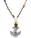 Unearth this buried treasure! Betsey Johnson's chic nautical-themed pendant features a blue pinstripe anchor accented by sparkling crystals and flowers. Setting and chain crafted in gold tone mixed metal and intertwined with a blue ribbon. Approximate length: 16 inches + 3-inch extender. Approximate drop: 2-3/8 inches.