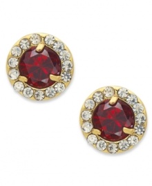 Drops of deep color are ignited by sparkling pave accents on Lauren Ralph Lauren's stud earrings. A round-cut glass bead sits at the center. Crafted in 14k gold-plated mixed metal. Approximate diameter: 3/8 inch. Drops of deep color are ignited by sparkling pave accents on Lauren Ralph Lauren's stud earrings. A round-cut glass bead sits at the center. Crafted in 14k gold-plated mixed metal. Approximate diameter: 3/8 inch.