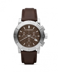 Add a dash of contemporary British sensibility to your look with Burberry's brown-faced chronograph. Wear it to give tailored office attire a timeless edge. Add a dash of contemporary British sensibility to your look with Burberry's brown-faced chronograph. Wear it to give tailored office attire a timeless edge.