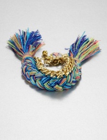 Make a statement with this bold style that features a chunky and bright, thread braid on a radiant link chain. Polyester threadBrassLength, about 6Lobster clasp closureMade in USA Make a statement with this bold style that features a chunky and bright, thread braid on a radiant link chain. Polyester threadBrassLength, about 6Lobster clasp closureMade in USA