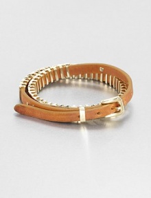 From the Buckle Collection. A sophisticated design, offering a double-wrap strap of rich luggage leather sliding through bold golden accents.LeatherGoldtoneTotal length, about 16.75Width, about .25Buckle closeImported From the Buckle Collection. A sophisticated design, offering a double-wrap strap of rich luggage leather sliding through bold golden accents.LeatherGoldtoneTotal length, about 16.75Width, about .25Buckle closeImported