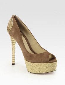 A textured raffia platform lifts this suede peep toe design with a metallic snake-print heel. Metallic snake-print leather heel, 5½ (140mm)Raffia platform, 1¾ (45mm)Compares to a 3¾ heel (95mm)Suede upperPeep toeLeather lining and solePadded insoleImported A textured raffia platform lifts this suede peep toe design with a metallic snake-print heel. Metallic snake-print leather heel, 5½ (140mm)Raffia platform, 1¾ (45mm)Compares to a 3¾ heel (95mm)Suede upperPeep toeLeather lining and solePadded insoleImported