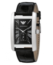 A classically handsome timepiece from Emporio Armani. Embossed black leather strap and stainless steel case. Black dial with logo, silvertone Roman numerals and subdial. Two hands. Quartz movement. Water resistant to 30 meters. Two-year limited warranty. A classically handsome timepiece from Emporio Armani. Embossed black leather strap and stainless steel case. Black dial with logo, silvertone Roman numerals and subdial. Two hands. Quartz movement. Water resistant to 30 meters. Two-year limited warranty.