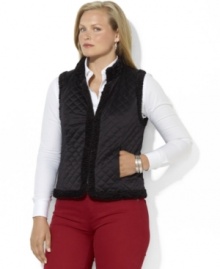 Lauren Ralph Lauren's luxurious plus size quilted satin vest reverses to a plush faux-shearling side, doubling the glamorous wardrobe-styling options for the modern woman. Lauren Ralph Lauren's luxurious plus size quilted satin vest reverses to a plush faux-shearling side, doubling the glamorous wardrobe-styling options for the modern woman.