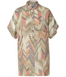 With a tribal-inspired print, this Paul & Joe tunic injects effortless trend-right style to your casual staples - Spread collar, short sleeves, front button placket, oversized silhouette, all-over print - Wear with skinny jeans or leggings and wedge ankle booties