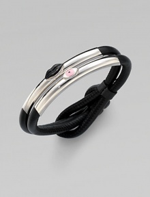 An edgy style with supple leather cords and stainless steel encasements accented with enamel lip and eye. Leather cordStainless steelEnamelDiameter, about 7¾Slip knot closureMade in Italy An edgy style with supple leather cords and stainless steel encasements accented with enamel lip and eye. Leather cordStainless steelEnamelDiameter, about 7¾Slip knot closureMade in Italy