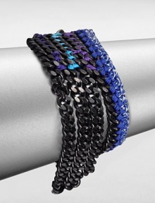 Inspired by cultures and travels around the world, this thread accented link chain design is elegant, yet colorful. Matte black-plated brassPolyester threadLength, about 6Lobster clasp closureMade in USA Inspired by cultures and travels around the world, this thread accented link chain design is elegant, yet colorful. Matte black-plated brassPolyester threadLength, about 6Lobster clasp closureMade in USA