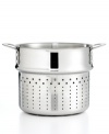 Introduce your stock pot to even more versatility. This durable stainless steel insert makes pasta preparation a real cinch, keeping cooking, straining and draining all in once place for less mess and more ease. The dishwasher-safe construction practically cleans itself, letting you enjoy dinner on the table . Lifetime warranty.
