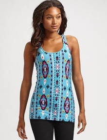Impossibly comfy stretch modal knit with eclectic Aztec inspired patterns and lots of relaxed appeal.Scoop neckline Sleeveless Racerback About 30 from shoulder to hem 92% modal/8% spandex Machine wash Imported Impossibly comfy stretch modal knit with eclectic Aztec inspired patterns and lots of relaxed appeal.Scoop neckline Sleeveless Racerback About 30 from shoulder to hem 92% modal/8% spandex Machine wash Imported