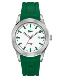 The premier in modern prep, Lacoste introduces this refined casual men's watch in signature white and green. Green rubber strap. Silvertone stainless steel round case and round white dial with logo and stick indices. Quartz movement. Water resistant to 50 meters. Two-year limited warranty. The premier in modern prep, Lacoste introduces this refined casual men's watch in signature white and green. Green rubber strap. Silvertone stainless steel round case and round white dial with logo and stick indices. Quartz movement. Water resistant to 50 meters. Two-year limited warranty.
