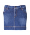 Must-have classic denim skirt of fine stretch cotton - Relaxed look with slightly faded blue wash and classic stitching detail - Sexy silhouette is narrow and mini-length - Zip and single-button closure - Features belt loops and two, flattering back pockets - Pair with leather thong sandals and a simple sleeveless silk blouse