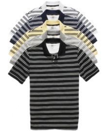 In a crisp, sporty stripe, this polo shirt from Club Room is a classic that will never go out of style. In a crisp, sporty stripe, this polo shirt from Club Room is a classic that will never go out of style.