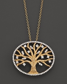 Diamonds, set in 14K yellow gold, bloom in and around a tree of life.