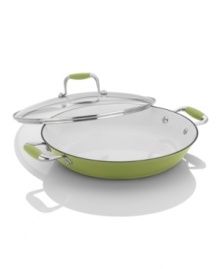 Designed by Michelle Bernstein, one of our pro chefs from The Culinary Council, this cast iron professional combines unbeatable enamel style with incredible performance. The perfect assistant for searing meats, sauteing veggies, tossing up that perfect paella and conquering every dish with ease, this versatile chef's pan features a resilient nonstick interior, sleek silicone handles and a lightweight design that create masterpiece meals that go straight from oven to table. 1-year warranty. Designed by Michelle Bernstein, one of our pro chefs from The Culinary Council, this cast iron professional combines unbeatable enamel style with incredible performance. The perfect assistant for searing meats, sauteing veggies, tossing up that perfect paella and conquering every dish with ease, this versatile chef's pan features a resilient nonstick interior, sleek silicone handles and a lightweight design that create masterpiece meals that go straight from oven to table. 1-year warranty.