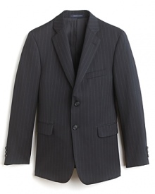 Dress him up in a sophisticated and chic suit. A pinstripe jacket with three button front. Notched lapel with slit pocket on left side. Three faux button closures at cuffs. Flap side pockets and three inside pockets. Pair it with the Gram pants for the ultimate look. Dress him up in a sophisticated and chic suit. A pinstripe jacket with three button front. Notched lapel with slit pocket on left side. Three faux button closures at cuffs. Flap side pockets and three inside pockets. Pair it with the Gram pants for the ultimate look.