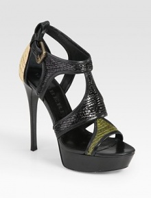 Adjustable, textured raffia straps form a leather colorblock design concluding with an ultra-high heel and platform. Stacked heel, 5Stacked platform, 1Compares to a 3 heel Raffia and leather upperLeather lining and solePadded insoleMade in ItalyOUR FIT MODEL RECOMMENDS ordering one half size up as this style runs small. Adjustable, textured raffia straps form a leather colorblock design concluding with an ultra-high heel and platform. Stacked heel, 5Stacked platform, 1Compares to a 3 heel Raffia and leather upperLeather lining and solePadded insoleMade in ItalyOUR FIT MODEL RECOMMENDS ordering one half size up as this style runs small.
